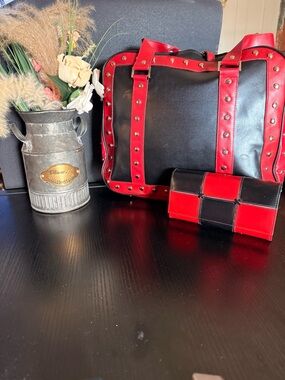 Black and Red Studded Tote with Matching Wallet
